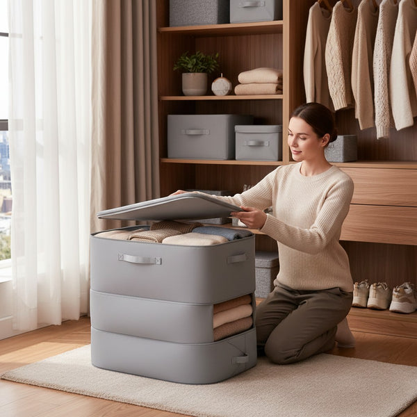 A woman organizing blankets in a Multi-Layer Fabric Compression Storage Bag in a stylish home.