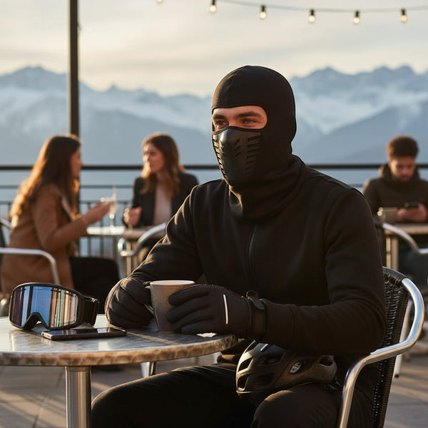 Man wearing a Balaclava Face Mask while holding a cup outdoors, enjoying the mountain view.