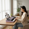 Woman playing a Portable Electronic Keyboard at home with sheet music on a stand, natural light streaming in.