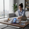 Woman enjoying the Aircraft Electric Toy on a table near a window with a cityscape view.