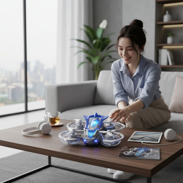 Woman enjoying the Aircraft Electric Toy on a table near a window with a cityscape view.