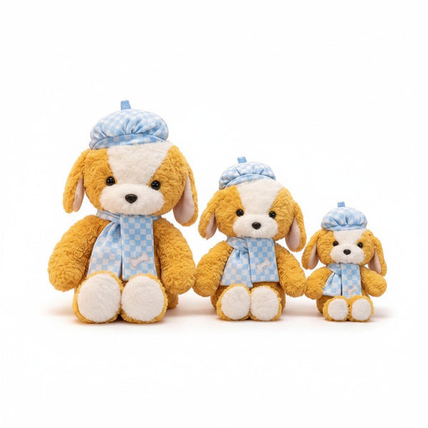 Beret Puppy Plush Toy trio in various sizes, featuring yellow plush puppies with blue scarves and beret hats.