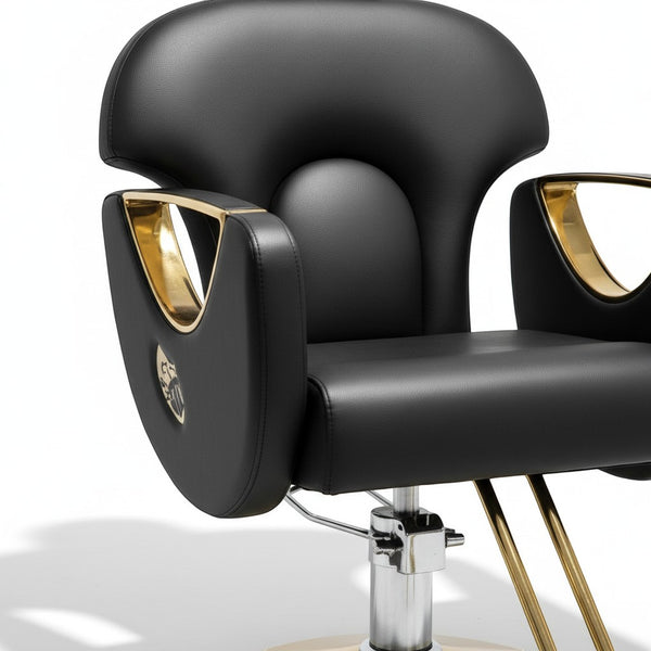 Professional Salon Styling Chair with Metal Base featuring padded seat and gold accents for salons and barbershops.