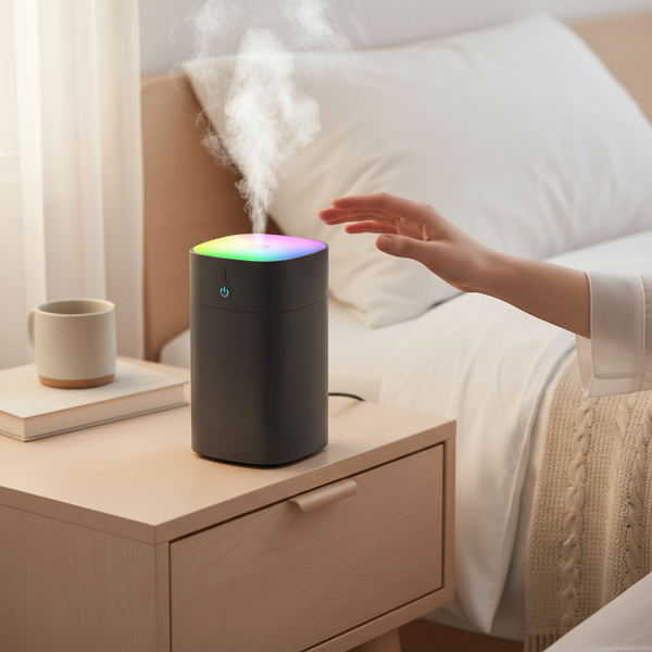Mini Humidifier with RGB Light emitting mist on bedside table with colorful ambient lighting.