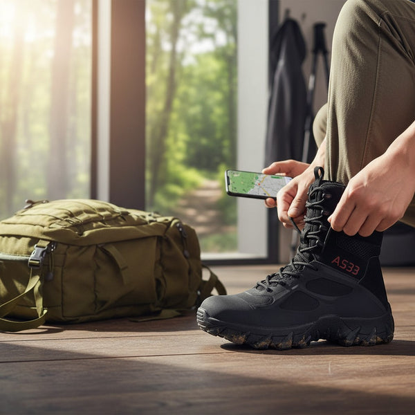 Mens Tactical Side Zip Work Boots worn by a person, with a backpack and smartphone nearby in an outdoor setting.