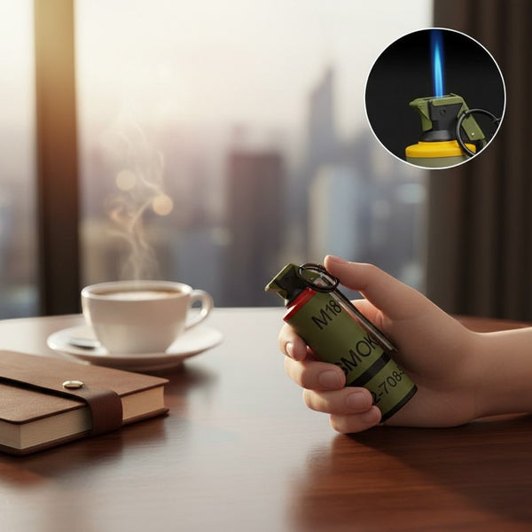 Bomb-Shaped Novelty Lighter with flame, held near a coffee cup on a wooden table, showcasing its unique design.
