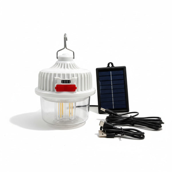 Solar-Powered Insect Trap & LED Outdoor Light with solar panel and USB charging cables for outdoor use.
