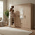 3-Door Wooden Wardrobe with Mirrored Center & Drawers in a stylish bedroom setting with a woman interacting with it.
