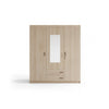 3-Door Wooden Wardrobe with Mirrored Center & Drawers in natural wood finish with two drawers
