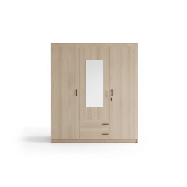 3-Door Wooden Wardrobe with Mirrored Center & Drawers in natural wood finish with two drawers