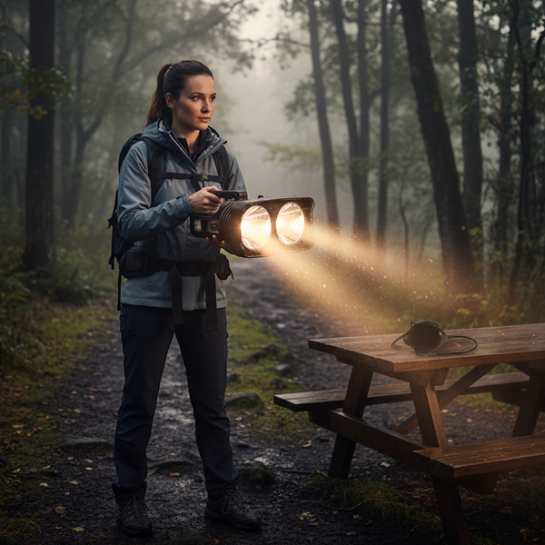 Person using a Rechargeable LED Torch with Multiple Light Modes during outdoor activities in a forest.