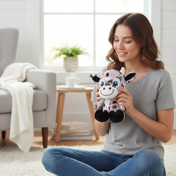 Woman holding a Small Sequin Cow Plush Toy, showcasing its colorful sequins in a cozy living room.