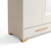 Close-up of the Multi-Compartment White & Natural Oak Wardrobe Armoire base showing off-white finish and natural wood accents.