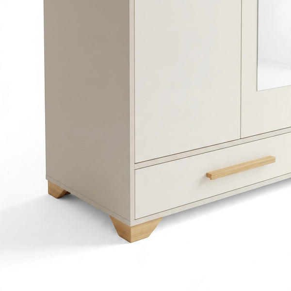 Close-up of the Multi-Compartment White & Natural Oak Wardrobe Armoire base showing off-white finish and natural wood accents.