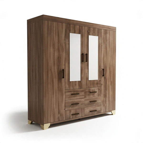 4-Door Wooden Wardrobe Armoire with Dual Mirrors & 6 Drawers for optimal bedroom organization and style.