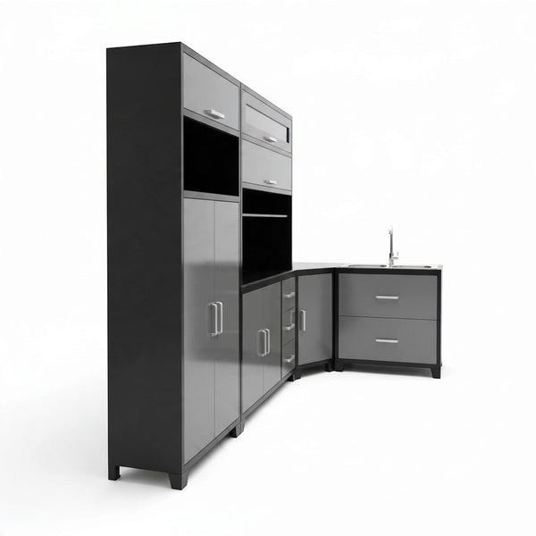Two-Tone Steel L-Shaped Kitchen Storage Unit with integrated sink and multi-tier storage shelves.