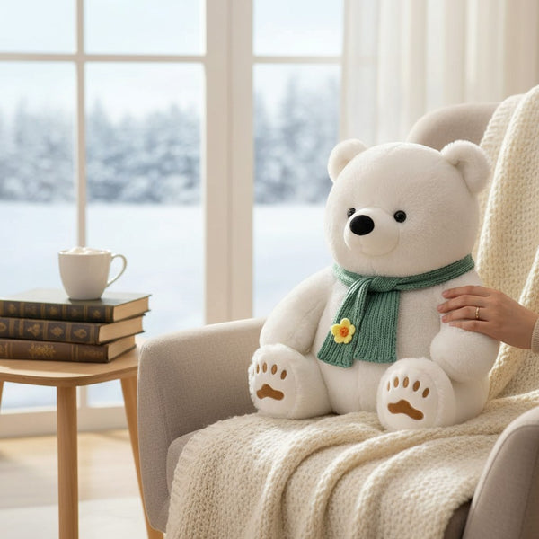 Cozy indoor scene featuring a Plush Teddy Bear Unit with a green scarf, perfect for snuggling and comforting.