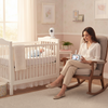 Wireless Video Baby Monitor with LCD Screen in use by a mother watching her baby in a crib.