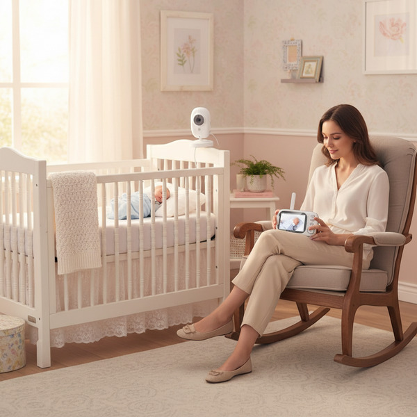 Wireless Video Baby Monitor with LCD Screen in use by a mother watching her baby in a crib.