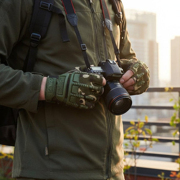 Person wearing Tactical-Style Fingerless Utility Gloves while holding a camera outdoors.