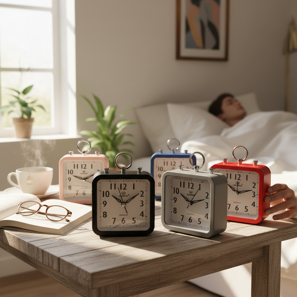 Wake Mate Modern Kids Bedside Alarm Clock collection on a table, with a person relaxing in bed in the background.