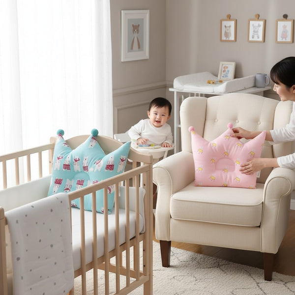 Crown Shaped Decorative Pillow in a nursery setting with child and parent for playful accent in cozy corner