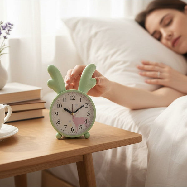 Antler-Top Alarm Clock with Deer Design on bedside table, featuring soft green color and illustrated deer face.