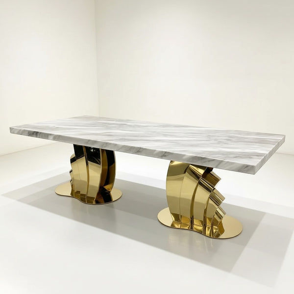 Grey Marble Dining Table with Gold Fan Base