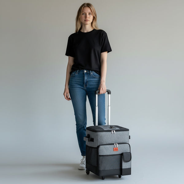 Rolling Trolley Bag with Front Pocket & Mesh Panels shown in use with a woman in casual outfit.
