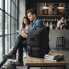 Multi-Compartment Backpack & Laptop Bag on a table in a coffee shop setting with people using a tablet.