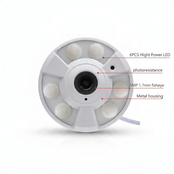 5MP 360-Degree Panoramic Fisheye IP Security Camera with metal housing and 6 high power LEDs