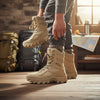 Mens Tactical Side Zip Work Boots worn in a rustic room with backpacks and a map, showcasing their practical design.