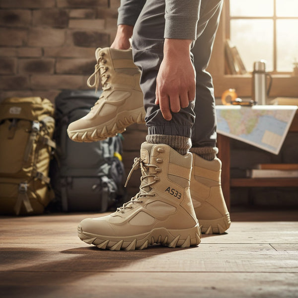 Mens Tactical Side Zip Work Boots worn in a rustic room with backpacks and a map, showcasing their practical design.