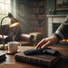 Toy Handgun Toy Pistol Set on a wooden desk with coffee and a lamp in a cozy interior.