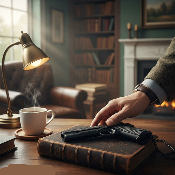 Toy Handgun Toy Pistol Set on a wooden desk with coffee and a lamp in a cozy interior.
