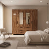 4-Door Wooden Wardrobe Armoire with Dual Mirrors & 6 Drawers in a modern bedroom interior.