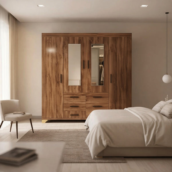 4-Door Wooden Wardrobe Armoire with Dual Mirrors & 6 Drawers in a modern bedroom interior.