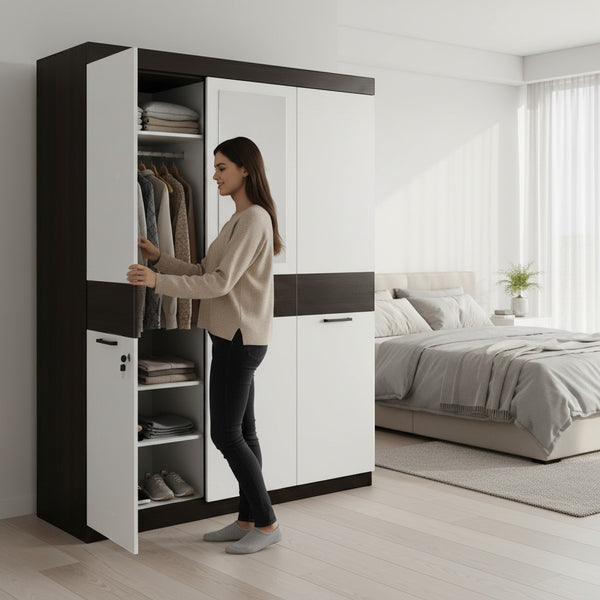 Modern 3-Door Storage Wardrobe with Multiple Compartments in a stylish bedroom setting.