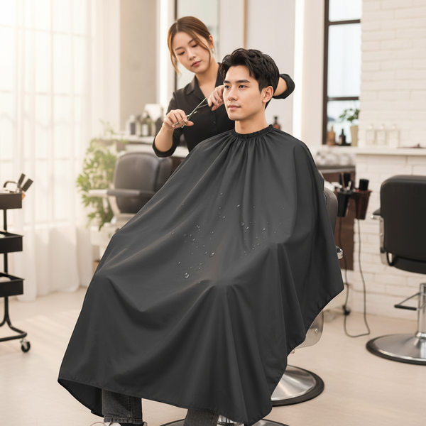 Water-Resistant Haircut Apron & Barber Cutting Cape protecting clothing during a haircut in a salon.