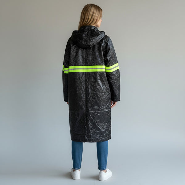 Long Hooded Raincoat with Reflective Stripe