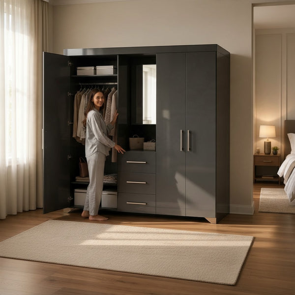 Multi-Door Bedroom Wardrobe with Built-In Central Mirror showcasing modern storage features and a woman accessing clothes inside.