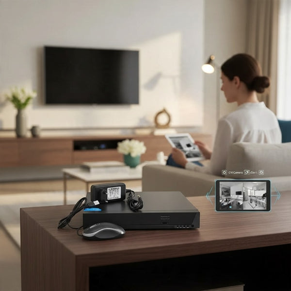 8-Channel 5-in-1 CCTV Digital Video Recorder on a table with a user monitoring security footage.