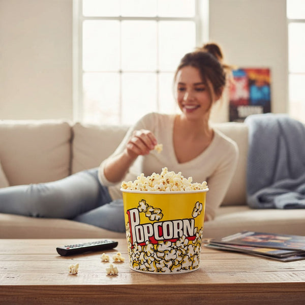 Person enjoying popcorn from a 2XL Classic Popcorn Bucket while relaxing on a couch.