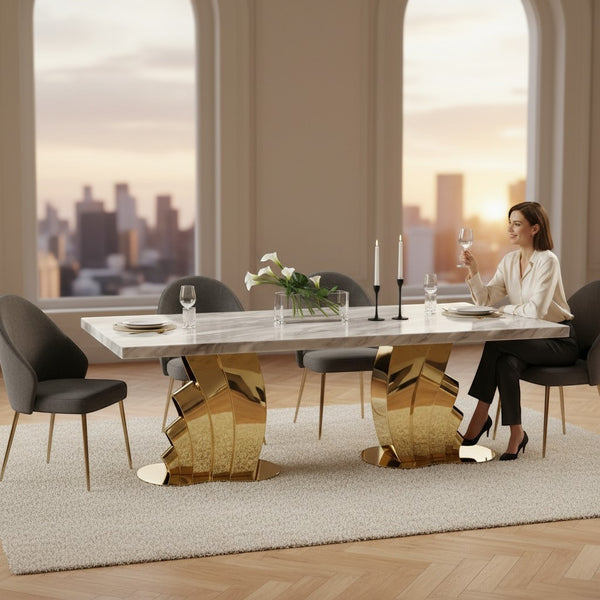 Grey Marble Dining Table with Gold Fan Base