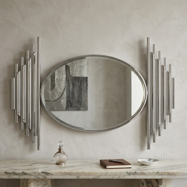 Luxury Oval Wall Mirror surrounded by sleek metallic accents, enhancing modern interior elegance.