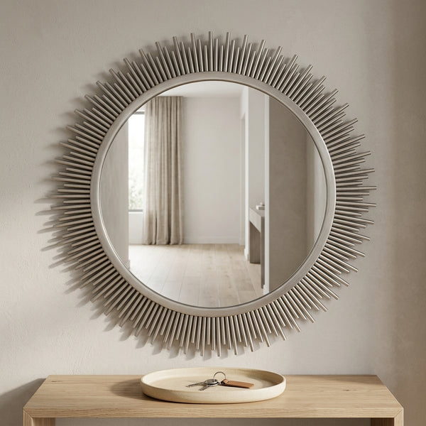 Stylish Sunburst Decorative Round Wall Mirror adding elegance and light reflection to a modern interior design.