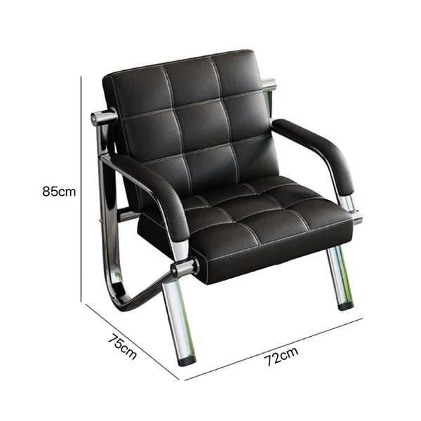 Steel Chrome Reception Sofa Suite details, black chair with chrome frame, dimensions 85cm height, 75cm width, 72cm depth.