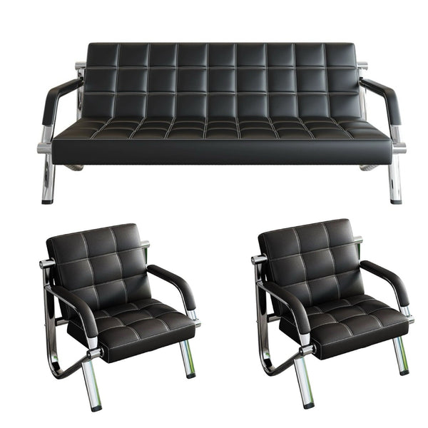 Steel Chrome Reception Sofa Suite featuring a sleek black sofa and two matching chairs with chrome accents.