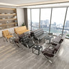 Steel Chrome Reception Sofa Suite displayed in a modern office lounge with large windows and stylish furniture.