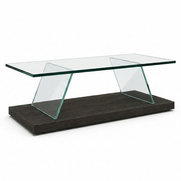 Modern Glass Top Coffee Table with clear tempered glass and dark wood-look base for a contemporary living room.